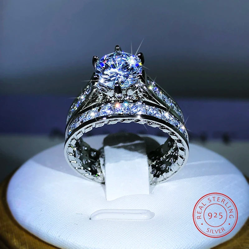 925 Silver Luxury Engagement Rings for Women 2Pcs/Set Shiny Zircon Novel Design Two Tone Elegant Fem