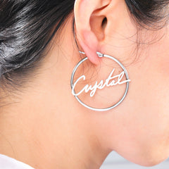 Custom Nameplate Hoop Earrings for Women | Personalized Stainless Steel Jewelry close-up view