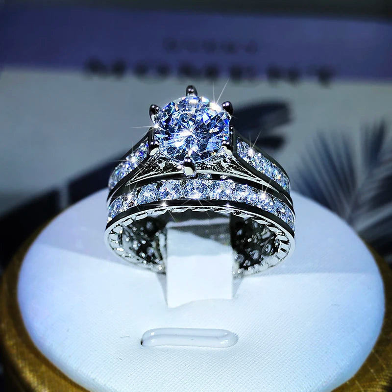 925 Silver Luxury Engagement Rings for Women 2Pcs/Set Shiny Zircon Novel Design Two T lifestyle view