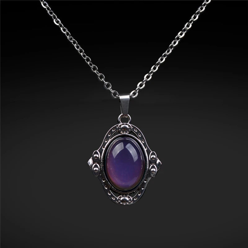 Mood Color Change Necklace | Retro Palace Elliptic Pendant with Stainless Steel Cha additional angle