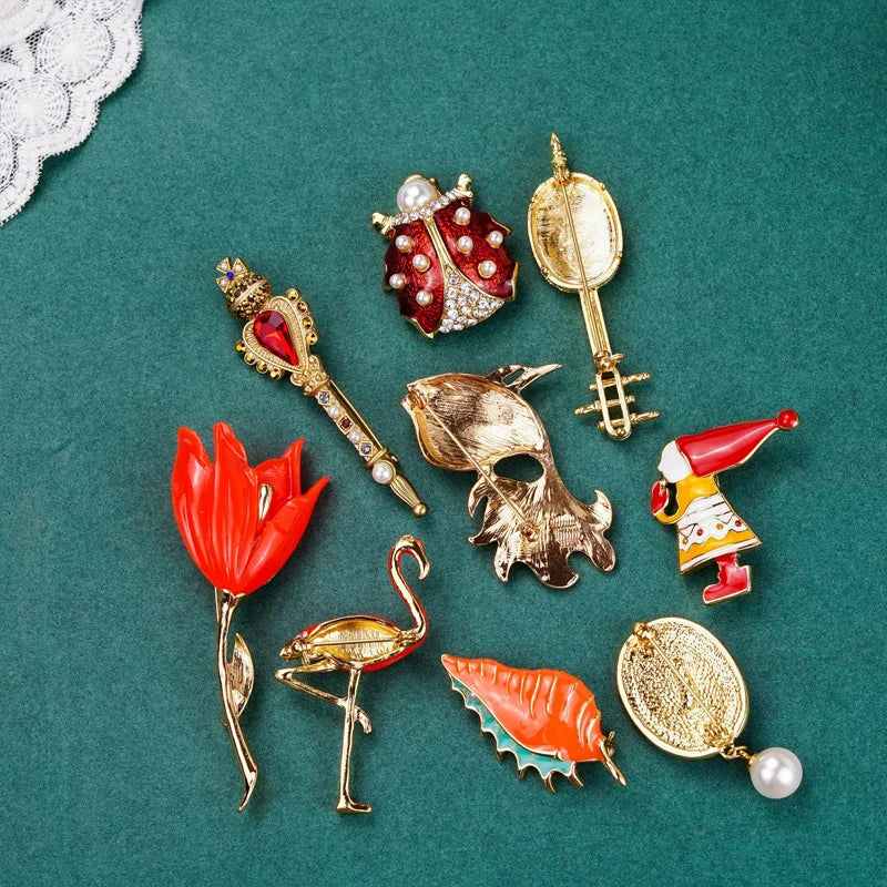 Vintage Palace Plant Flower Baroque Brooch Red Enamel Pearl Brooch Pin Woman Party Accessories