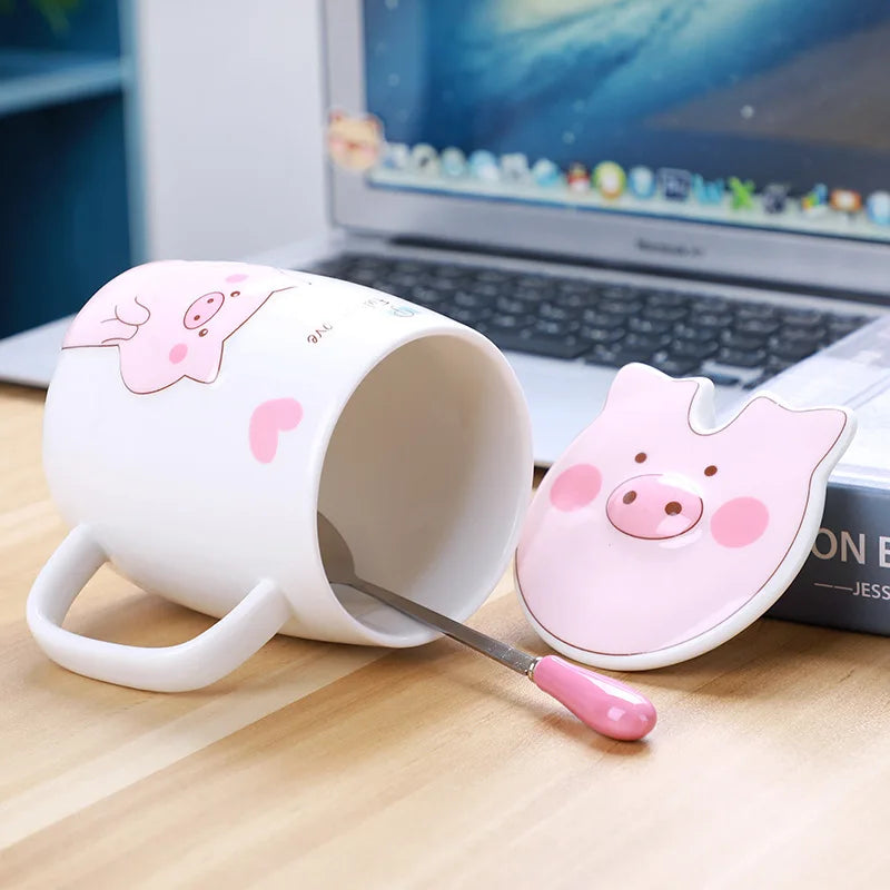 500mL Ceramics Cute Pig Mug with Lid Spoon Coffee Milk Tea Cup Water Drinking Glasses close-up view