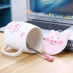 500mL Ceramics Cute Pig Mug with Lid Spoon Coffee Milk Tea Cup Water Drinking Glasses close-up view