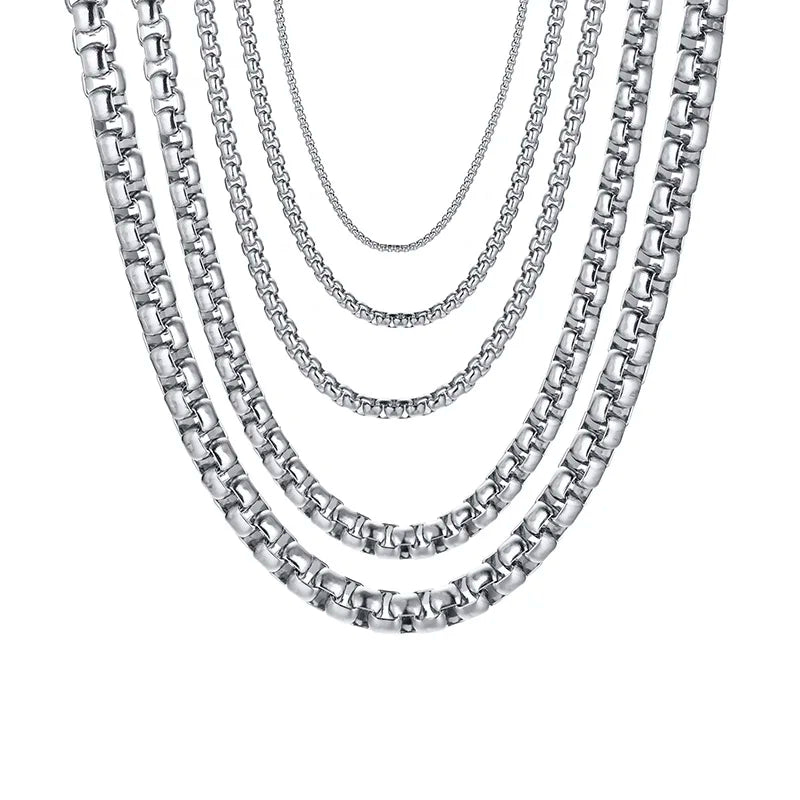 Round Box Chain Necklace for Men | Stainless Steel Link Chain in Gold, Silver, or Black detail view