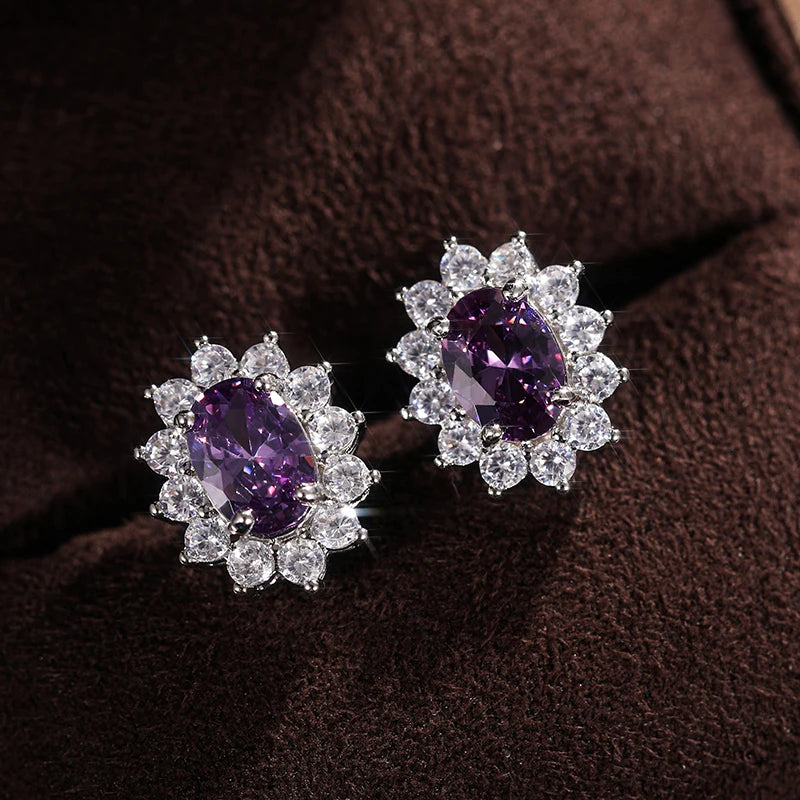 Huitan Fashion Sunflower Shape Stud Earrings Women Brilliant Oval Cubic Zirconia Lu additional angle