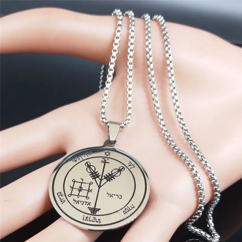 Fourth Pentacle of Jupiter Key of Solomon Stainless Steel Pendant Necklace Men Seals o close-up view
