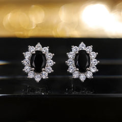 Huitan Full Zircon Stud Earrings for Women Blue/Purple/Red/Pink/Black/White/Green Oval CZ Wedding Trend Female Luxury Jewelry