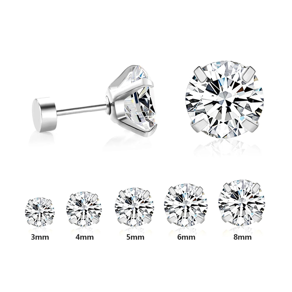 LUXUSTEEL Stainless Steel Round Cubic Zirconia Stud Earrings | Silver Screw-Back Earring detail view