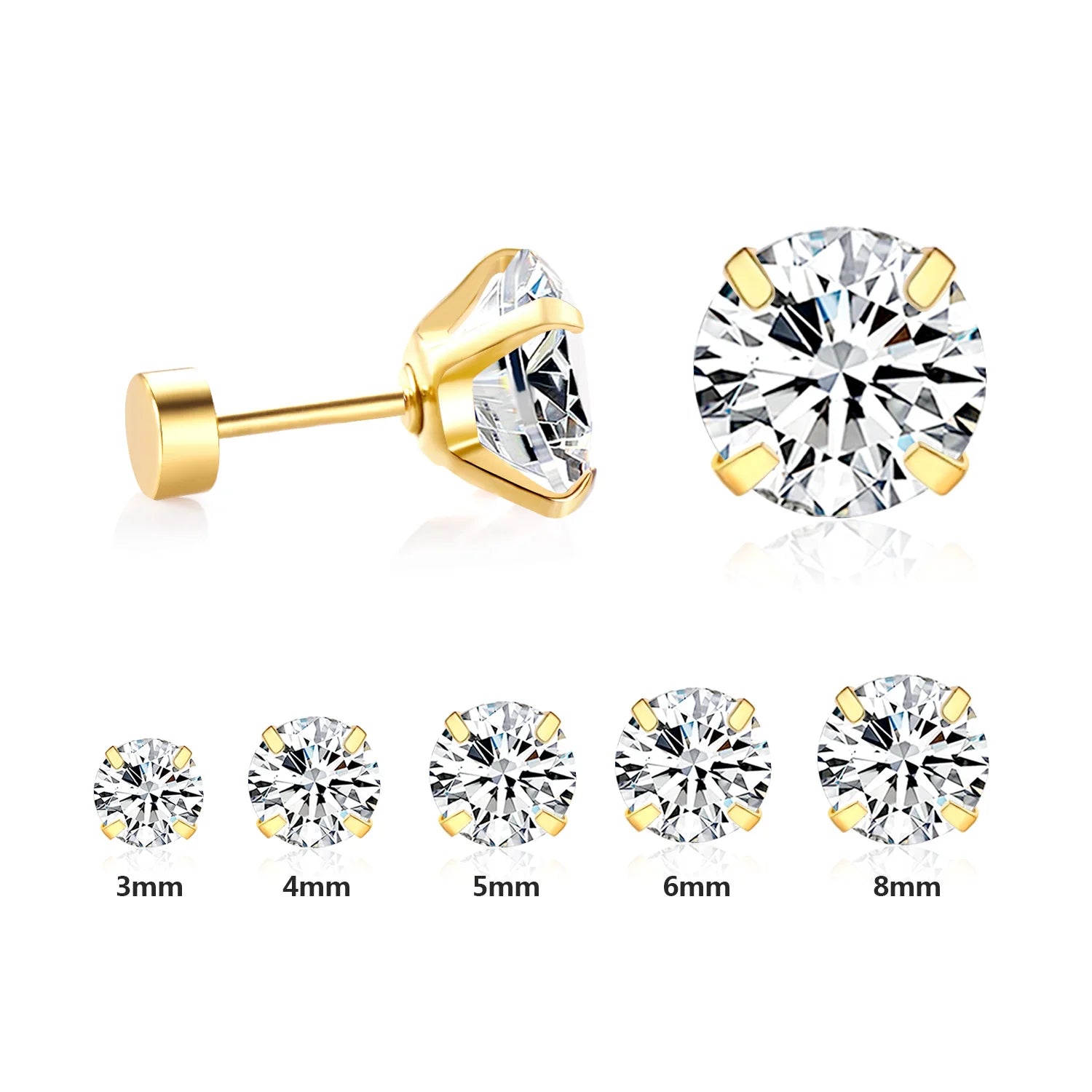 LUXUSTEEL Stainless Steel Round Cubic Zirconia Stud Earrings | Silver Screw-Back Earri close-up view
