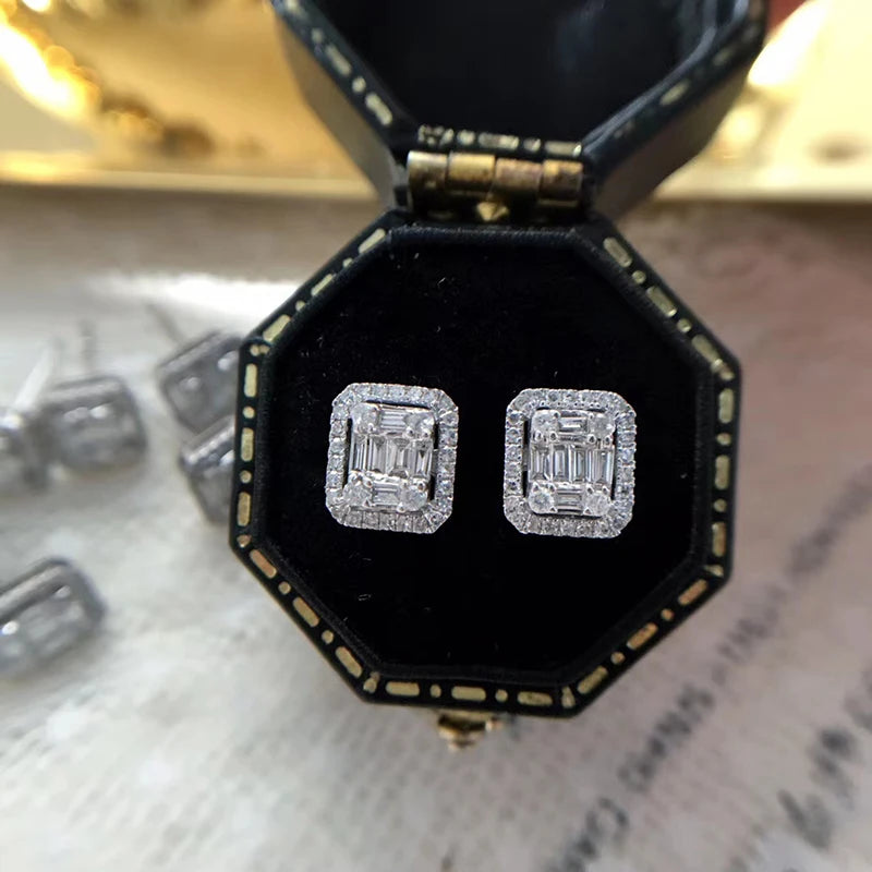 Huitan Geometric Stud Earrings Women Daily Wear Party Shiny Cubic Zirconia Ear Piercin close-up view