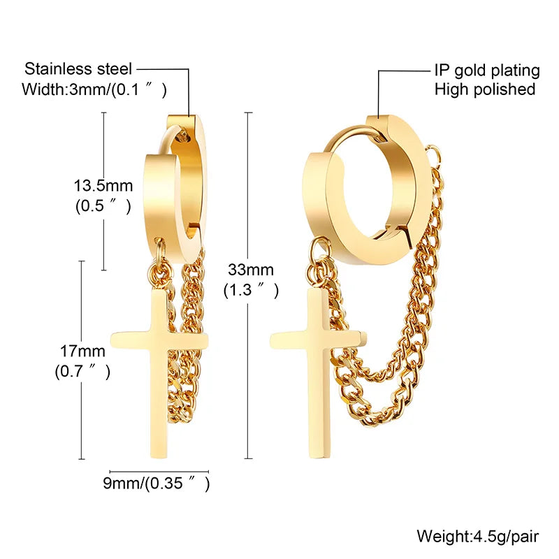 Stainless Steel Cross Double Chain Huggie Hoops Earring Pair for Men Women Earrings additional angle