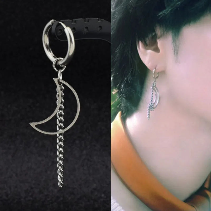 KPOP Korean Stainless Steel Stud Earrings Women Mens Moon Feather Chain Cross Geometr lifestyle view
