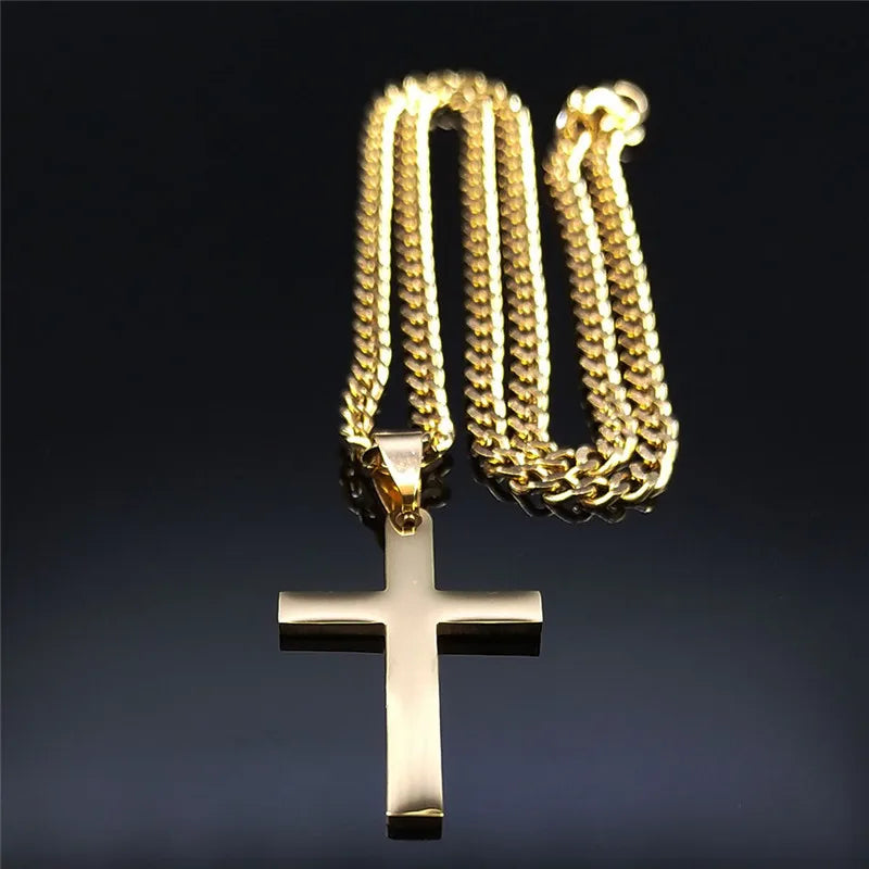 Gold Stainless Steel Cross Pendant Necklace | Hip Hop Jesus Chain Jewelry for Men Wome close-up view