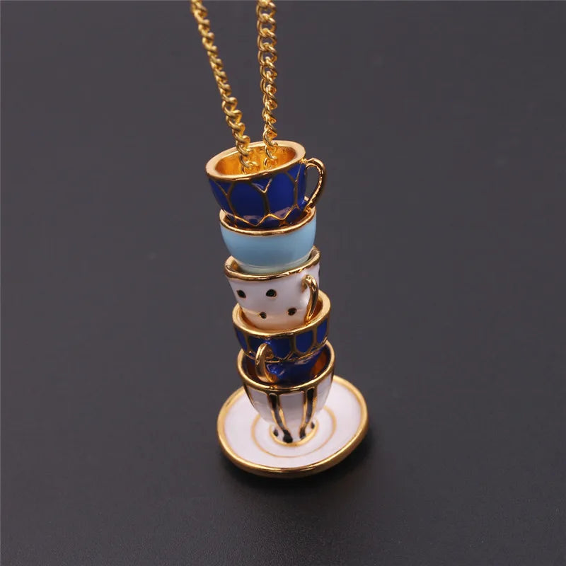 Enamel Tea Cup Pendant Necklace | Trendy Long Chain Jewelry alternate view