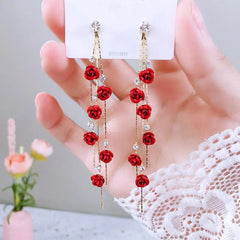 Red Rose Drop Earrings Zinc Alloy Vintage Rhinestone Flowers