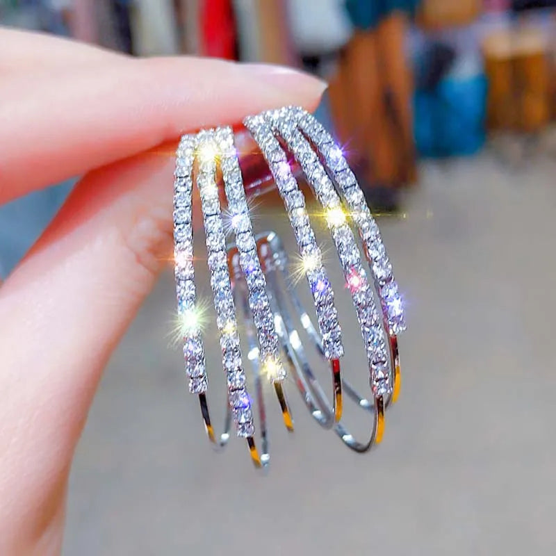 Silver Needle Hoop Earrings for Women Jewelry Rose Gold Pated Alloy Statement Rhinest alternate view
