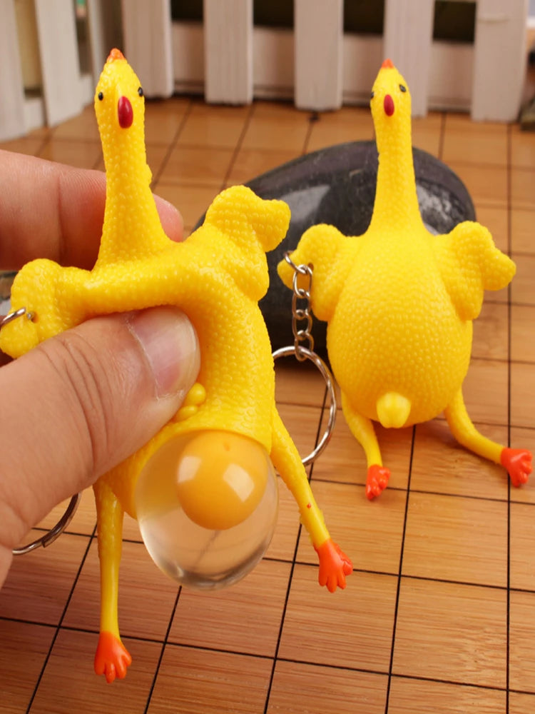 1PC Funny Fidgets Keychains Novelty Antistress Squeeze Laying Egg Chicken Toys Keyrin lifestyle view