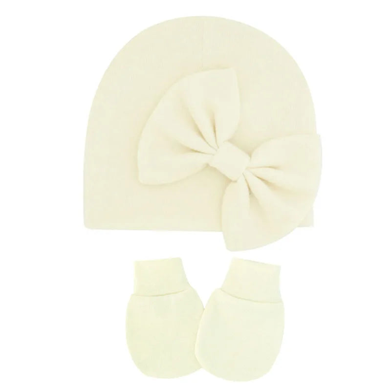 Newborn Baby Girl Hat and Gloves Set | Cotton Beanie for Infant Toddler close-up view