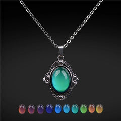 Mood Color Change Necklace | Retro Palace Elliptic Pendant with Stainless Steel Chain