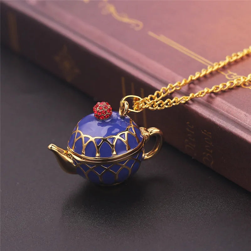 Enamel Tea Cup Pendant Necklace | Trendy Long Chain Jewelry close-up view