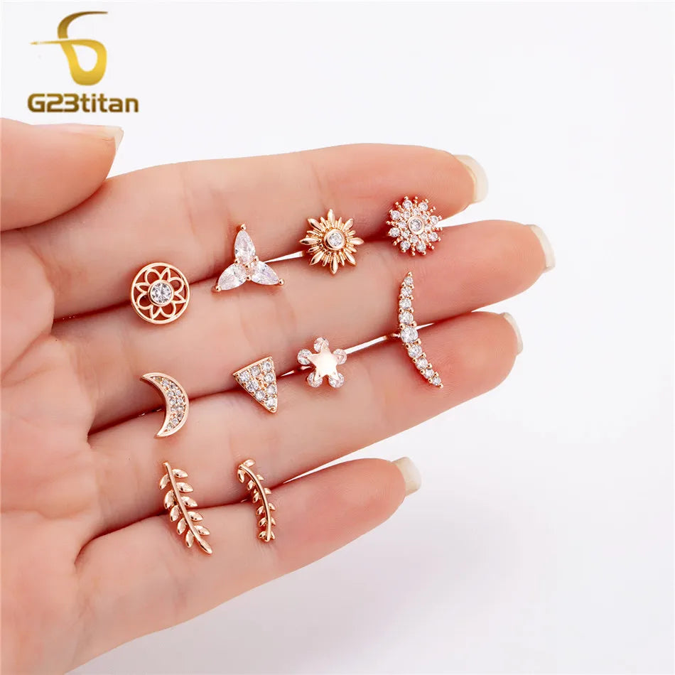2pc Surgical Steel Ear Cartilage Earlobe Tragus Piercing Ball Bar Rose Gold Color Moon Star Flower S