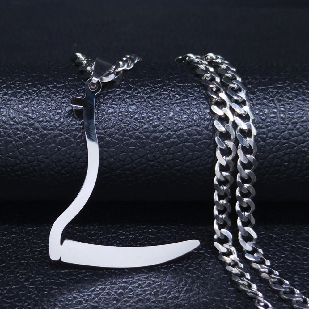 Silver Grim Reaper Sickle Pendant Necklace | Punk Stainless Steel Jewelry for Women lifestyle view