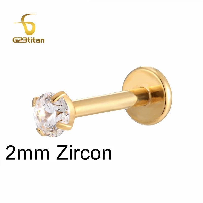 Labret Lip Stud 16G | Titanium CZ Piercing Jewelry for Sensitive Skin close-up view