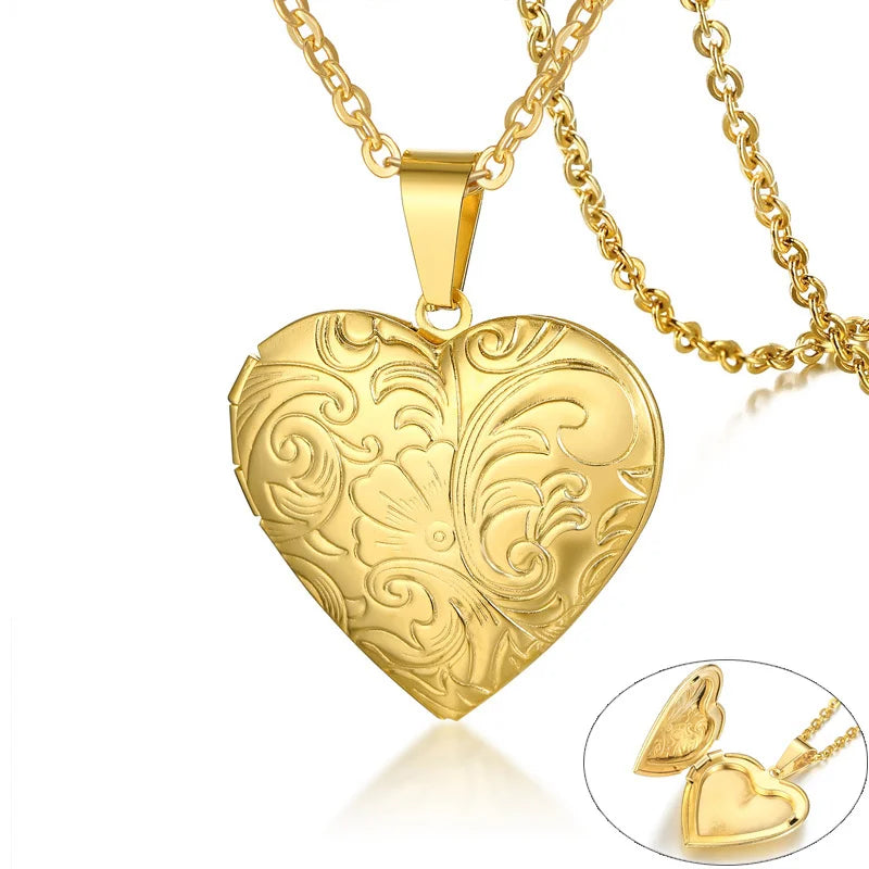 Delicate Floral Oval Heart Locket Pendant Necklaces for Women,Stainless Steel Photo additional angle