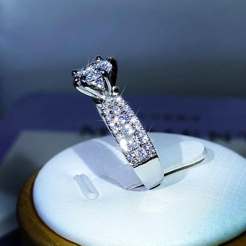 925 Sterling Silver Luxury Sparkling Six-Claw White Zircon Ring For Ladies Party Rece lifestyle view