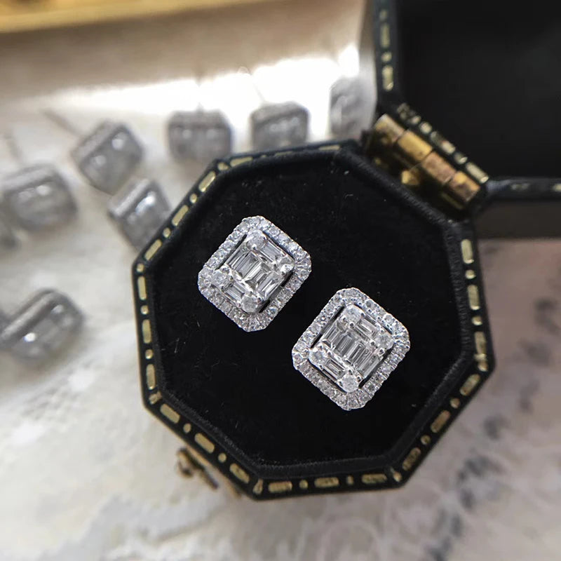 Huitan Geometric Stud Earrings Women Daily Wear Party Shiny Cubic Zirconia Ear Piercing detail view