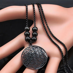 Sacred Geometry Flower of Life Necklace | Stainless Steel Mandala Pendant with Black Bea detail view