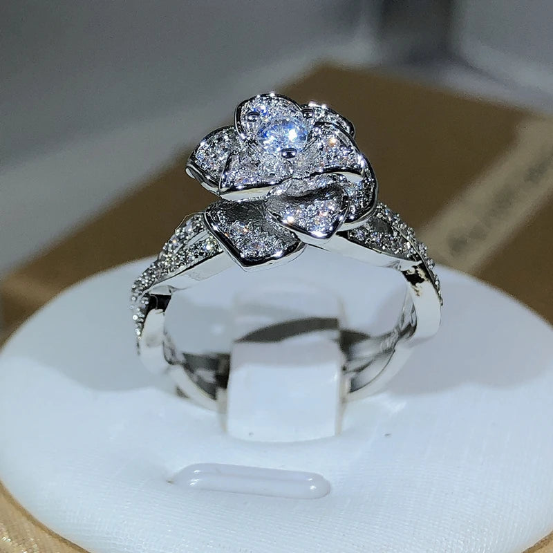 925 Sterling Silver InterTwined Three-Dimensional Rose Ring White Zircon Full Diamond alternate view