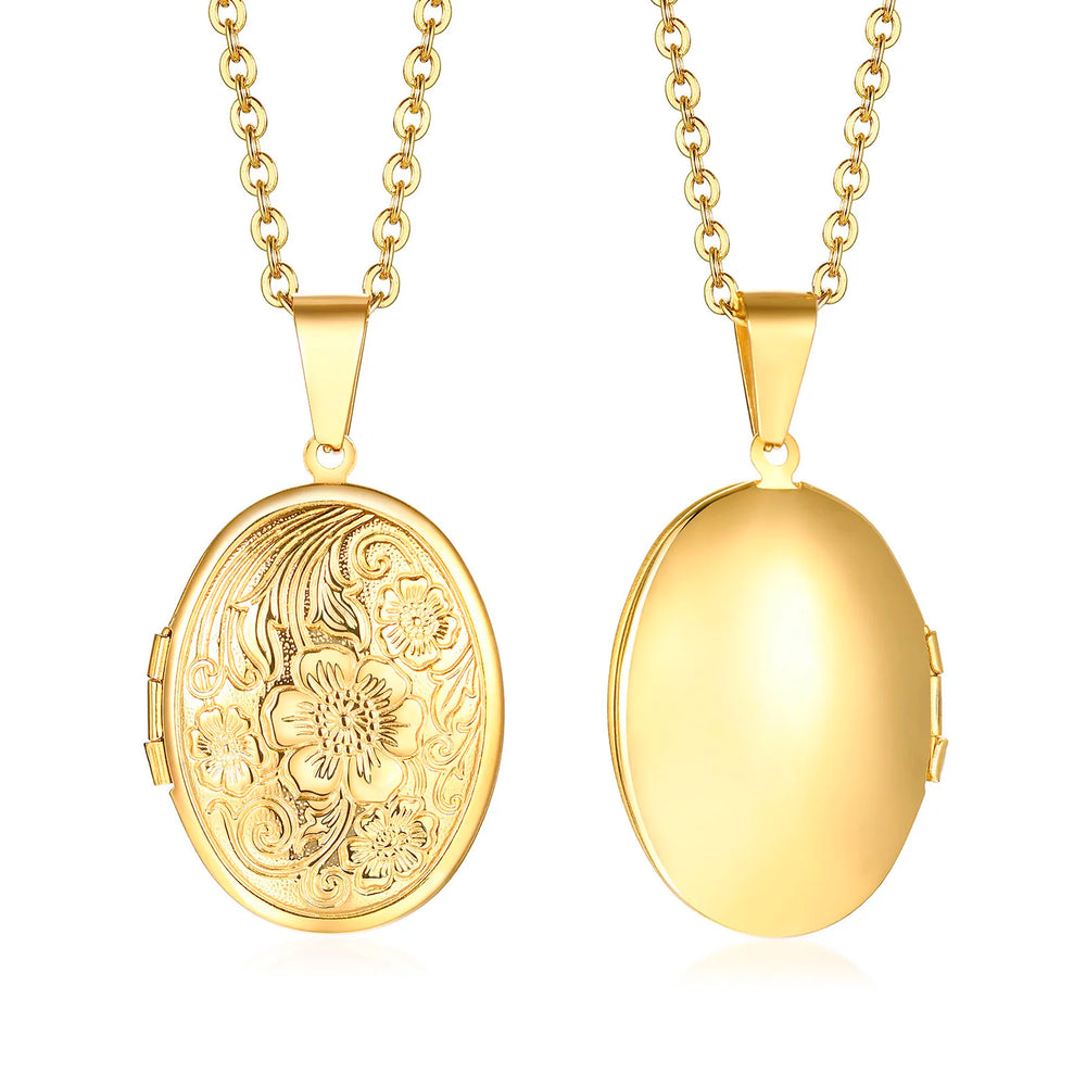 Delicate Floral Oval Heart Locket Pendant Necklaces for Women,Stainless Steel Photo F alternate view