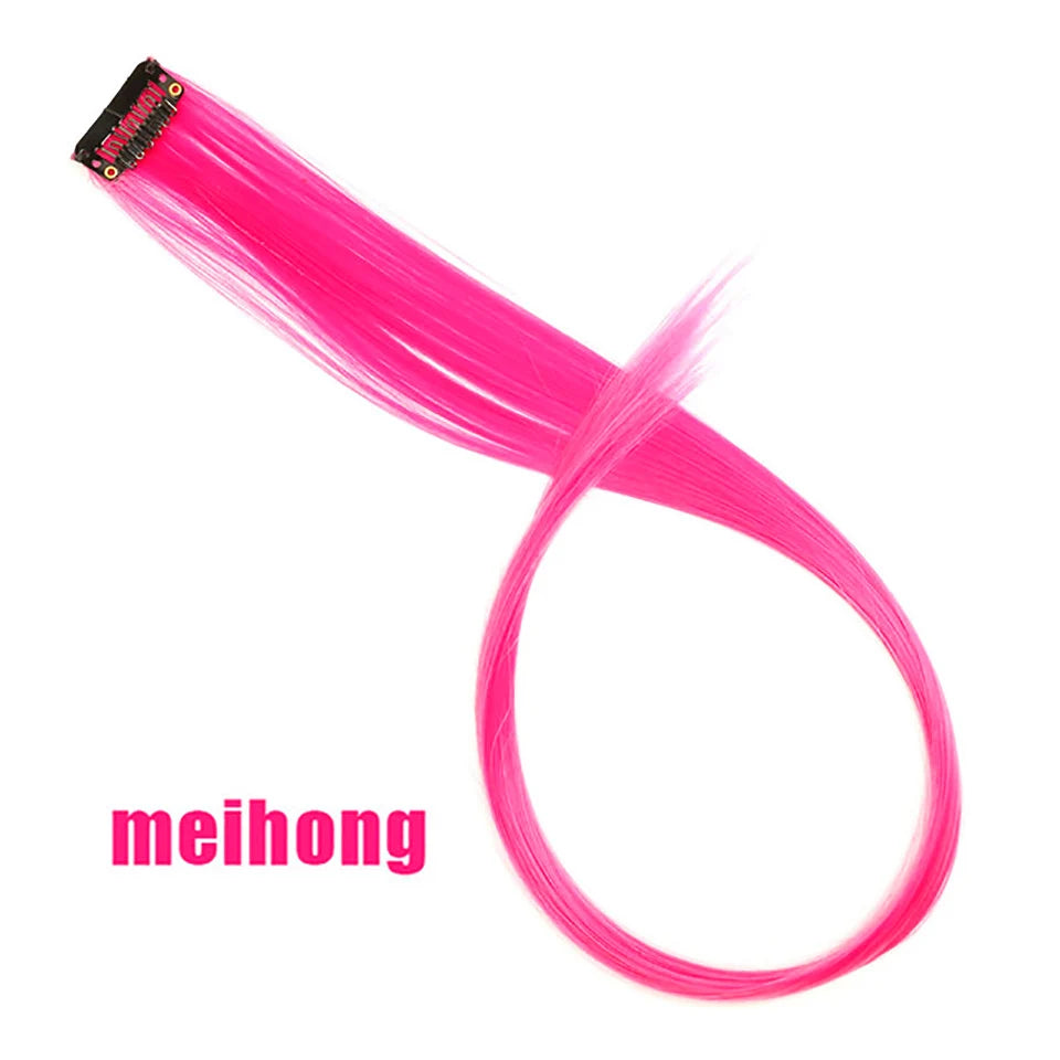 Clip In Rainbow Highlight Hair Extensions | Pink Synthetic Hair Strands close-up view