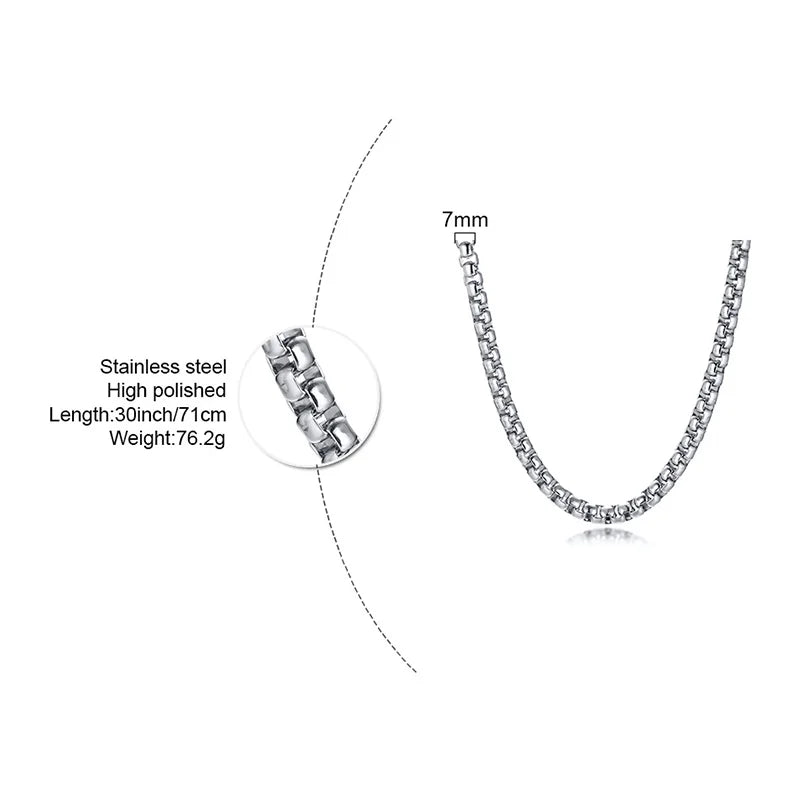 Round Box Chain Necklace for Men | Stainless Steel Link Chain in Gold, Silver, or Blac close-up view