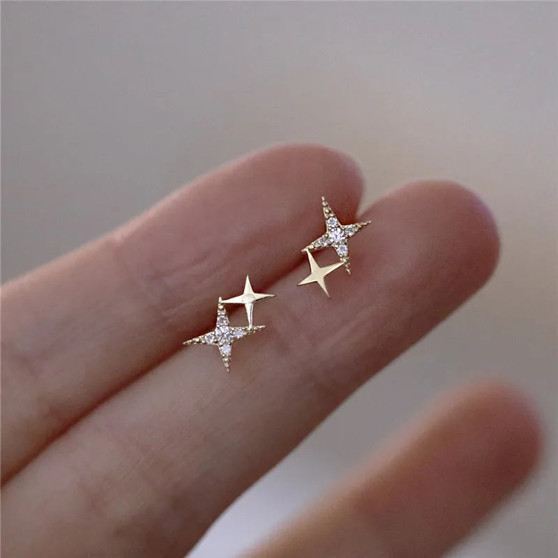 925 Sterling Silver Micro Inlaid Crystal Four-Pointed Star Plating 14k Gold Earrings alternate view