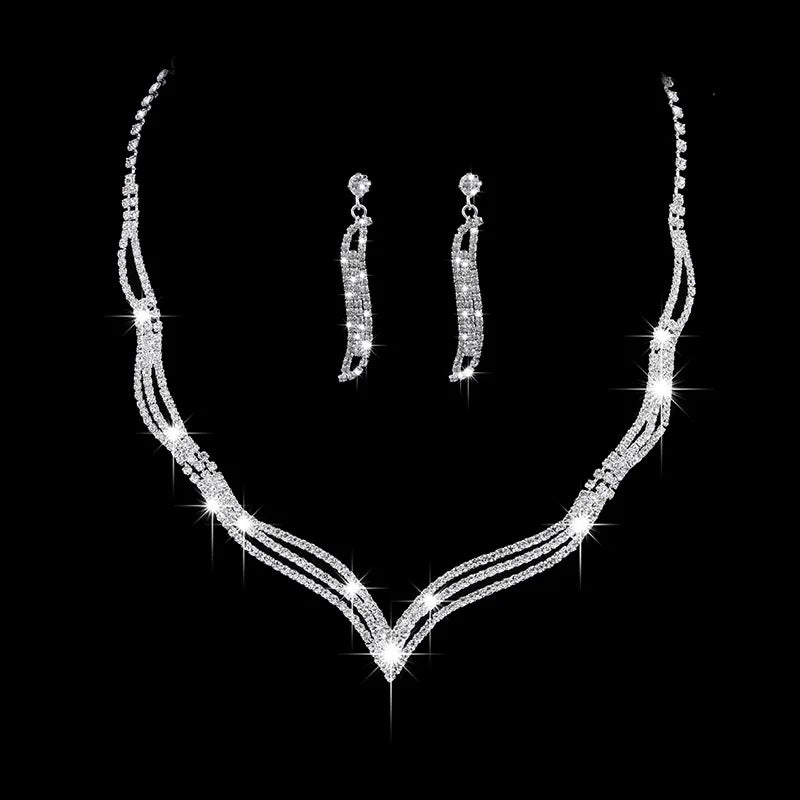 Fashion Crystal Bride Jewelry Set Rhinestone Silver-plated Wedding Dress Banquet Necklac detail view