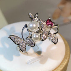 925 Silver Elegant Double Pearl Double Butterfly Full Zircon Ring Jewelry Ladies Zirc alternate view