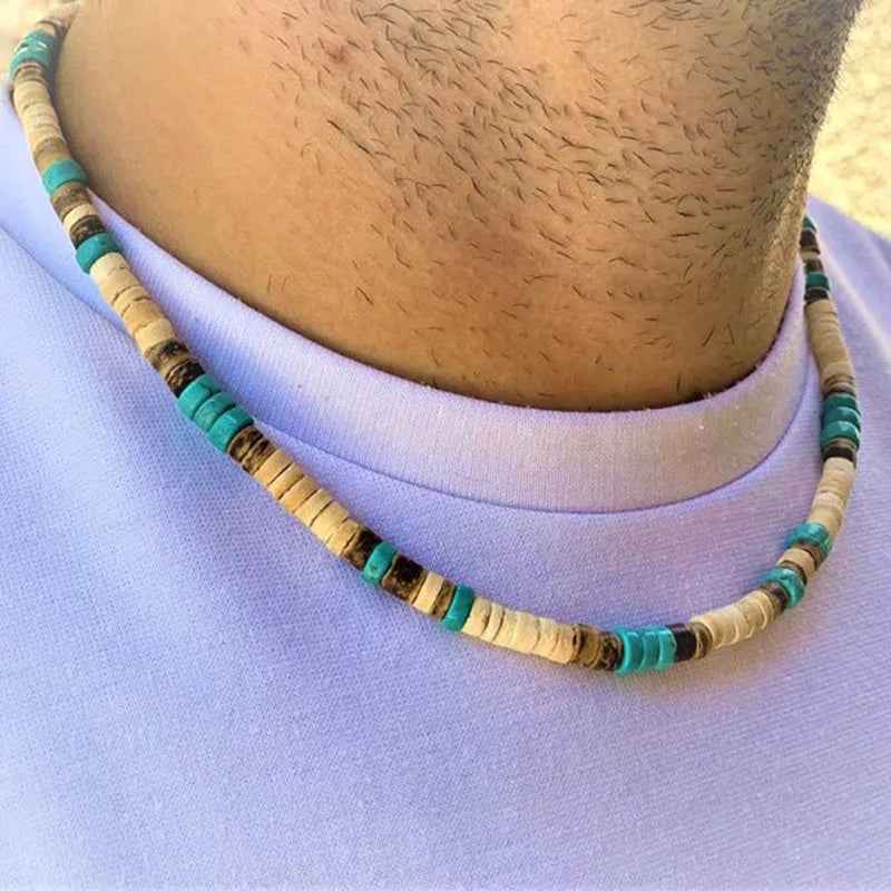 Men's Beaded Wood Beach Necklace | African Inspired Surfer Jewelry detail view