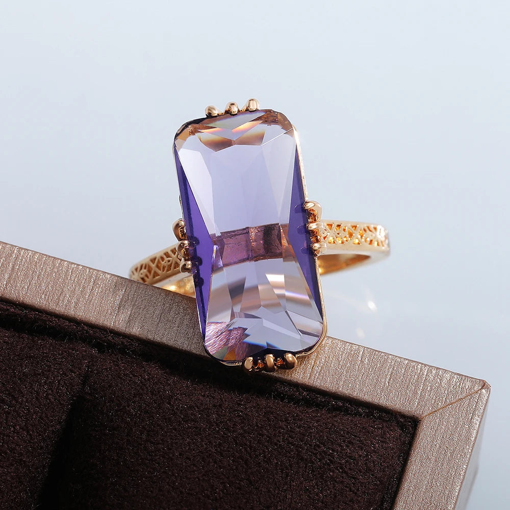 Huitan Purple Stone Rings Women Vintage Party Elegant Lady's Ring Birthday Anniversary Gift Exaggerated Female Fashion Jewelry