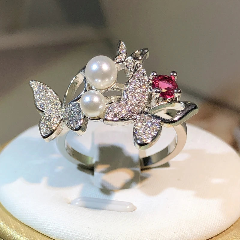 925 Silver Elegant Double Pearl Double Butterfly Full Zircon Ring Jewelry Ladies Zirc lifestyle view