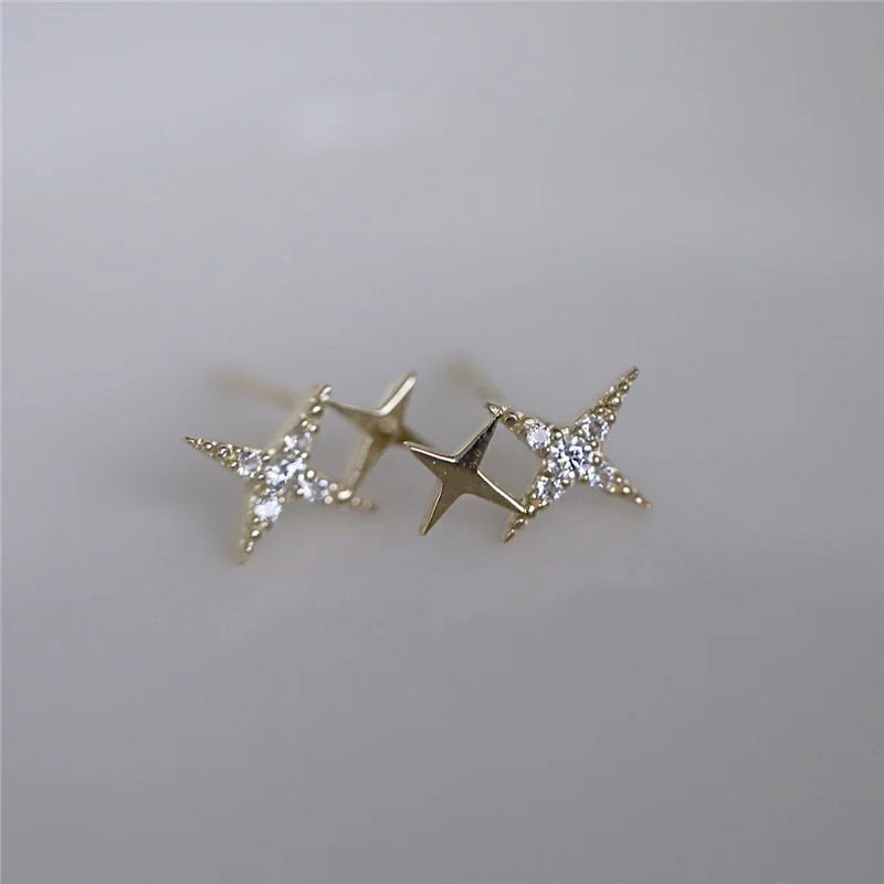 925 Sterling Silver Micro Inlaid Crystal Four-Pointed Star Plating 14k Gold Earrings alternate view
