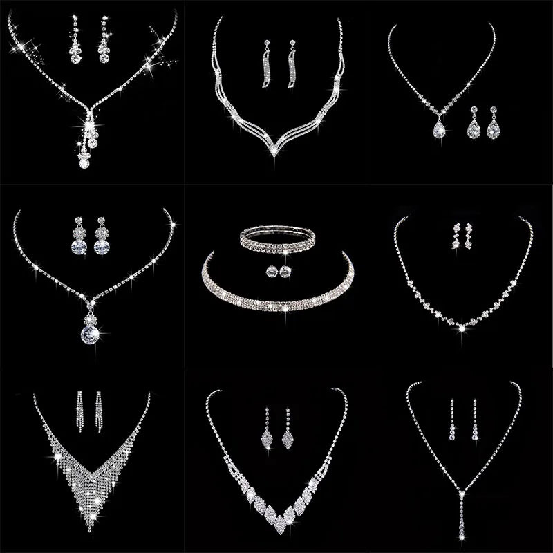 Fashion Crystal Bride Jewelry Set Rhinestone Silver-plated Wedding Dress Banquet Necklace Earring Se