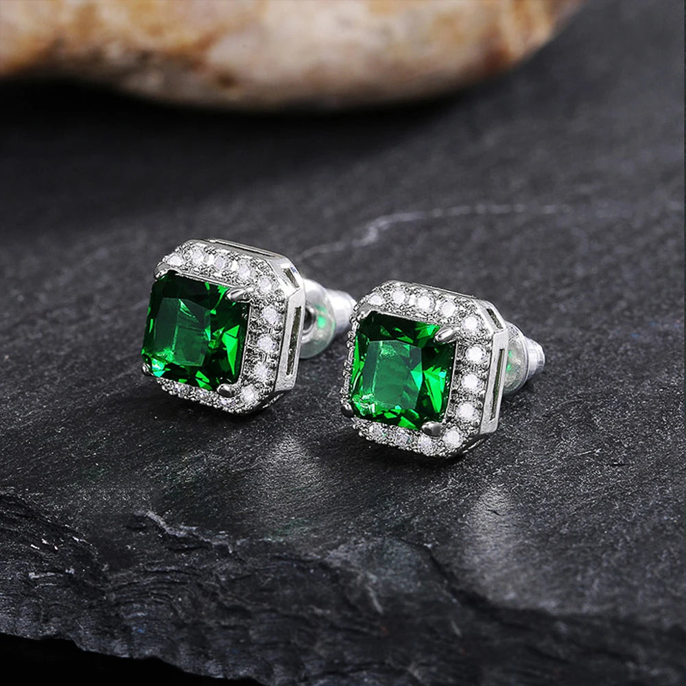 Huitan Rectangle/Square Green Cubic Zircon Stud Earrings Women Elegant Party Accessori close-up view