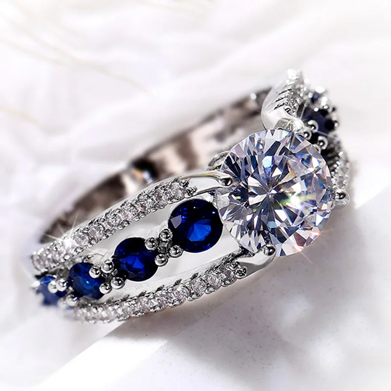 Huitan Special-interest Wedding Rings Women Blue/White Round CZ Novel Designed Female Party Ring Tem