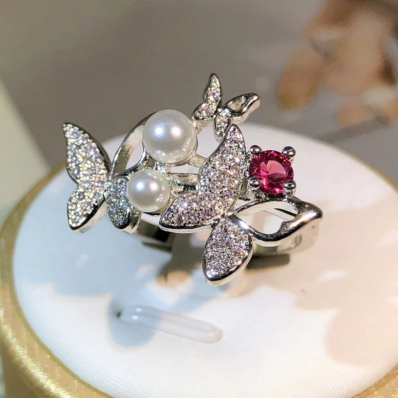 925 Silver Elegant Double Pearl Double Butterfly Full Zircon Ring Jewelry Ladies Zircon detail view
