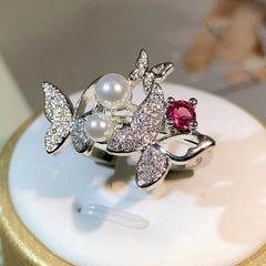 925 Silver Elegant Double Pearl Double Butterfly Full Zircon Ring Jewelry Ladies Zircon detail view