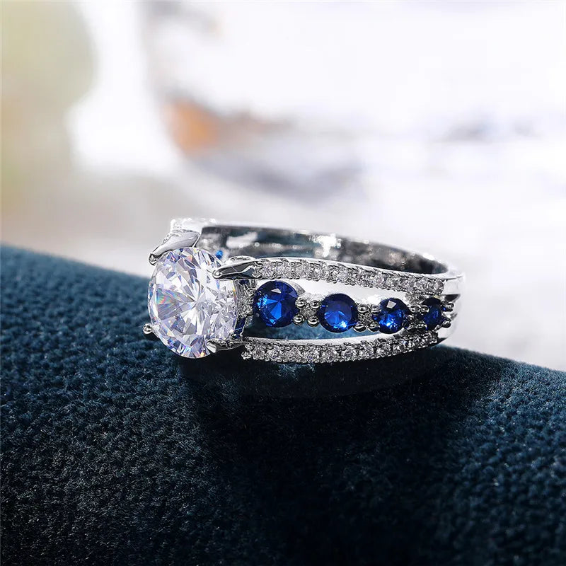 Huitan Special-interest Wedding Rings Women Blue/White Round CZ Novel Designed Female lifestyle view
