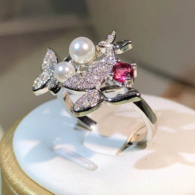 925 Silver Elegant Double Pearl Double Butterfly Full Zircon Ring Jewelry Ladies Zirco close-up view