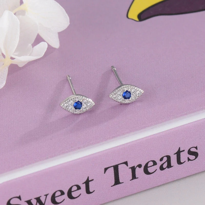 925 Sterling Silver Zircon Blue Evil Eye Stud Earrings detail view